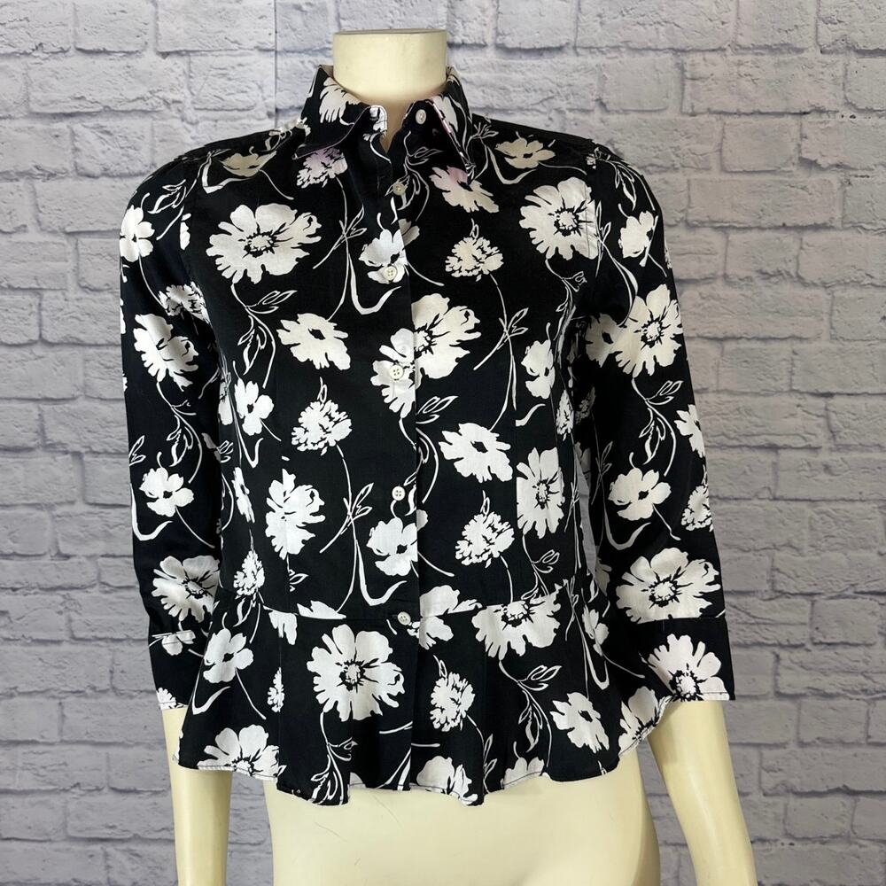 LAUREN RALPH LAUREN FLORAL PEPLUM Blouse, Black/White pink underneath size 4